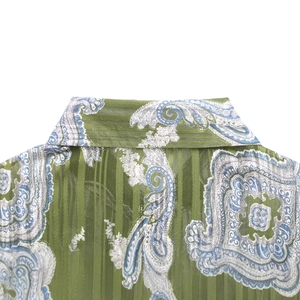 Women's green paisley printed blouse with textured vertical stripes and shirt collar