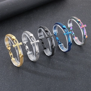 Ankh Cross Bracelet Stainless Steel Double Row Woven Chain Egyptian Life Of Symbol Retro Hip Hop Jewelry For Men