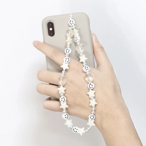 Beaded Phone Lanyard Strap Polymer Clay Resin Star Heart Smiley Face Beads Anti-Lost Keychain Charm Kawaii Accessory