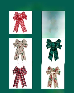 Detail view of 6 assorted glitter Christmas bows including snowflake and plaid patterns