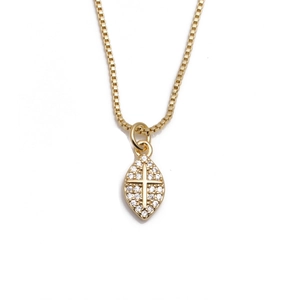 Collana con ciondolo a croce in oro con design a foglia e pietre di zircone