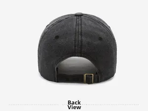 Rear view of dark grey washed denim baseball cap featuring adjustable bronze metal buckle