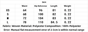 Detailed size chart for women's floral midi skirt with waist and length measurements