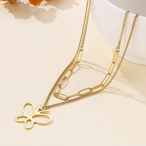 Stainless Steel Multi Layer Necklace Hollow Butterfly Pendant Paperclip Link Chain Minimalist Aesthetic Jewelry Women