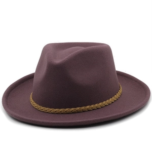 Classic wine red wool fedora hat with a woven brown band on a white background
