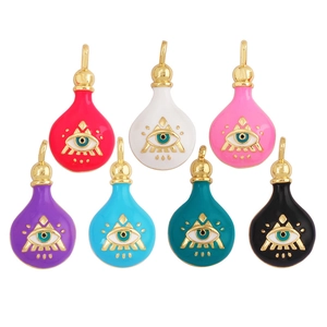 Evil eye magic potion bottle charms set in seven vibrant enamel colors with gold plating
