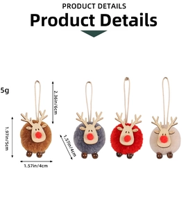 Detail of colorful plush reindeer ornaments with wooden antlers for Christmas tree decor