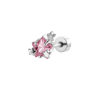 Pink star-shaped titanium steel stud earring with silver celestial accents on white background