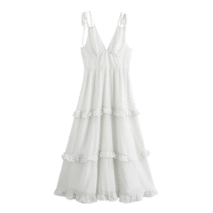 Robe Maxi À Camisole À Pois Ourlet À Volants Étages Col En V Bretelles Nouées Style Vintage Polyester Sans Manches Femme