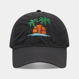 Black quick-dry baseball cap featuring palm tree embroidery and laser-cut side vents