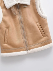 Women's camel faux shearling vest with suede exterior and white wool lining zip closure