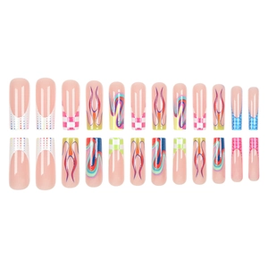 Long coffin fake nails with 24pcs set featuring flame and checkerboard patterns