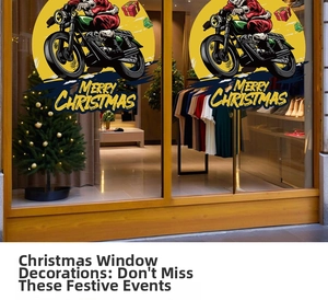 Close-up of Santa Claus on motorcycle static window sticker for festive shop display