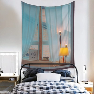 Detail of bohemian tapestry featuring a window view street scene and vintage decor style