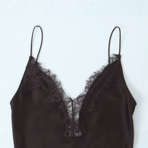 Deep brown slim satin slip dress with elegant lace trim v-neckline for women