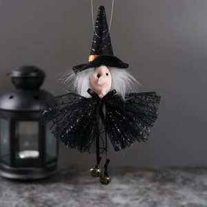 Spooky Halloween hanging witch doll with black hat and bell detail for party decor