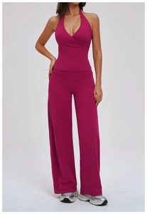 Magenta halter neck yoga top and high waist wide leg pants set with soft fabric