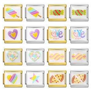 Italian charms with colorful enamel designs on gold and silver stainless steel bases