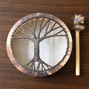 Detailed top view of Siberian Shaman Drum with Tree of Life pattern and plush drumstick