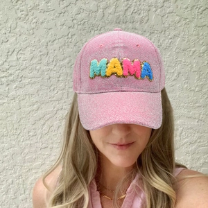 Pink glitter baseball cap for women with colorful 3D MAMA towel embroidery lettering