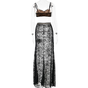 Detailed back view of sexy black lace lingerie set with flowing floor-length fishtail skirt