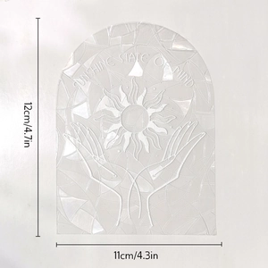 Detail showing arch-shaped rainbow suncatcher sticker with dimensions 12cm by 11cm