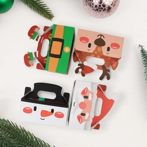 Christmas gift boxes featuring Santa, reindeer, and snowman designs with handy handles