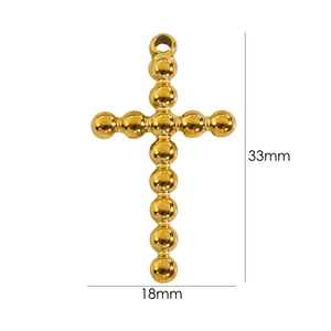 Detail view of 18mm by 33mm golden beaded cross pendant in polished stainless steel