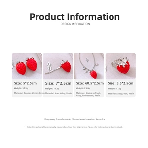 Detailed chart showing strawberry jewelry set sizes and weights for earrings and necklaces