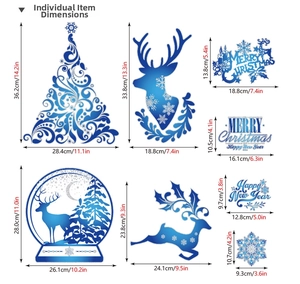 Detailed size specifications for blue reindeer and snowflake Christmas window stickers