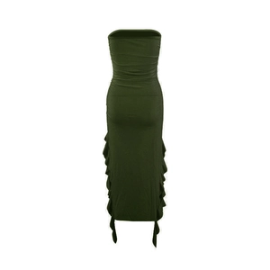 Detail view of the ruched back design and ruffled hem on an army green tube dress