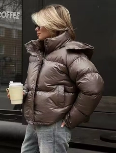 Detail view of a brown puffer jacket with a shiny finish and stylish hooded stand collar