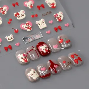 Detailed 5D embossed nail art sticker featuring cute cherry mouse and red bow designs