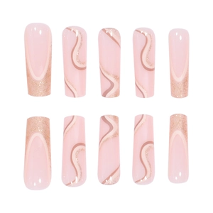 Long coffin press-on nails in soft pink with gold glitter french lines design