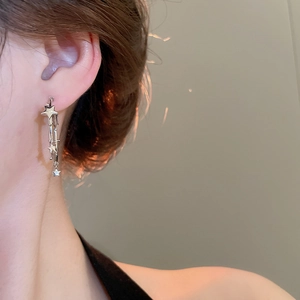 Close-up of model wearing silver star tassel earrings with metallic luster finish