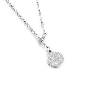 Adjustable silver stainless steel necklace with embossed coin pendant and bead clasp