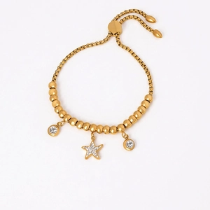 Elegant Stainless Steel Beaded Bracelet Star And Round Zircon Pendants Adjustable Slider Clasp Jewelry For Women