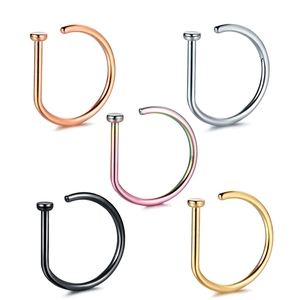 Set of five polished D-shaped nose rings in rose gold, silver, rainbow, black, and gold colors
