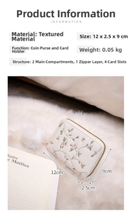 Detail view of floral embroidery wallet showing 12x2.5x9cm size and internal card slots