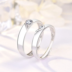 Minimalist S925 sterling silver adjustable couple rings with round zircon inlay
