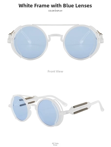Steampunk round sunglasses with white frames, blue lenses and metal spring temples