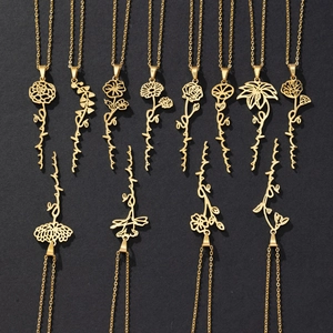 Birth Month Flower Name Pendant Necklace 304 Stainless Steel Vacuum Plated Minimalist Floral Jewelry For Women Gift