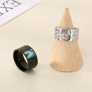 Wide Hammered Stainless Steel Ring With Abalone Shell Inlay Vintage Retro Unisex Band Jewelry Accessory