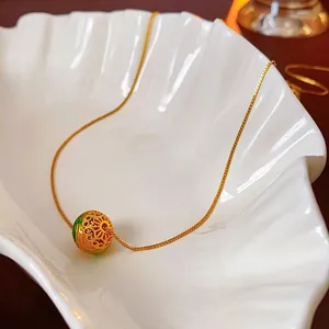 Collana Con Pendente Tondo Cavo Stile Nuovo Cinese Rame Placcato Oro Filigrana Smalto Vintage Catena Per Clavicola Da Donna