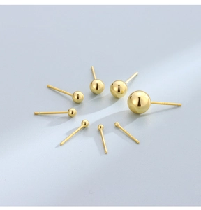Detailed view of S925 sterling silver ball studs in various sizes with gold plating