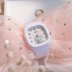 Detail showing the white silicone strap and square dial with cute elephant pattern