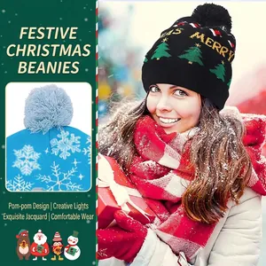 LED Light Up Christmas Beanie Hat Knitted Colorful Glow Pom Pom Xmas Party Holiday Winter Warm For Adults And Kids