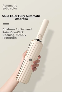 Detail of automatic off-white umbrella handle with open button and UPF 99% fabric texture