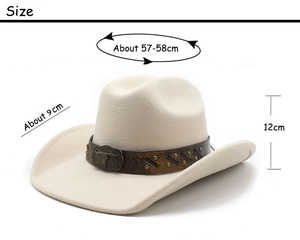 Detailed size chart of beige felt cowboy hat with bull horn leather band and rivets