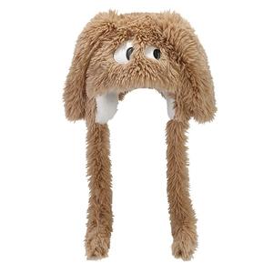 Cute brown plush animal hat with large eyes and long earflaps for winter warmth